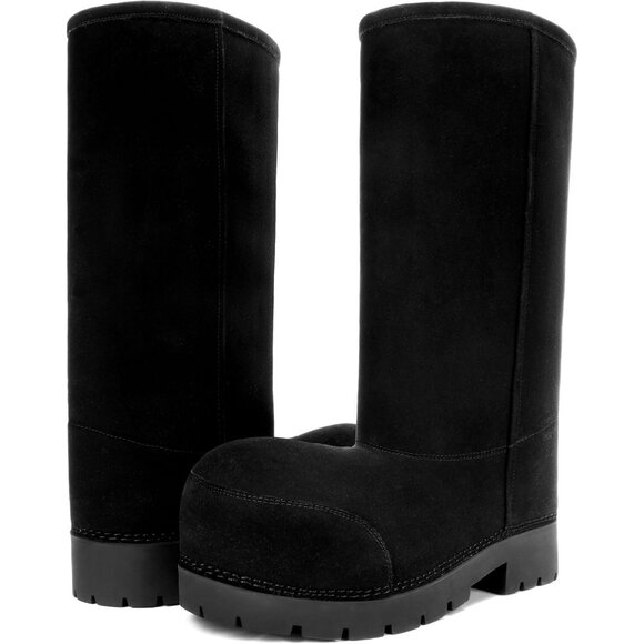 Faux Suede Platform Fuzzy Snow Round Toe Hippy Boots Slip On Knee High Black - Picture 3 of 6